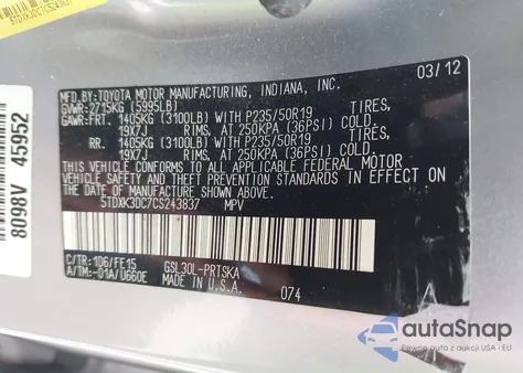 2012 Toyota Sienna Se 8 Passenger z USA, uszkodzony, nr VIN 5TDXK3DC7CS243837